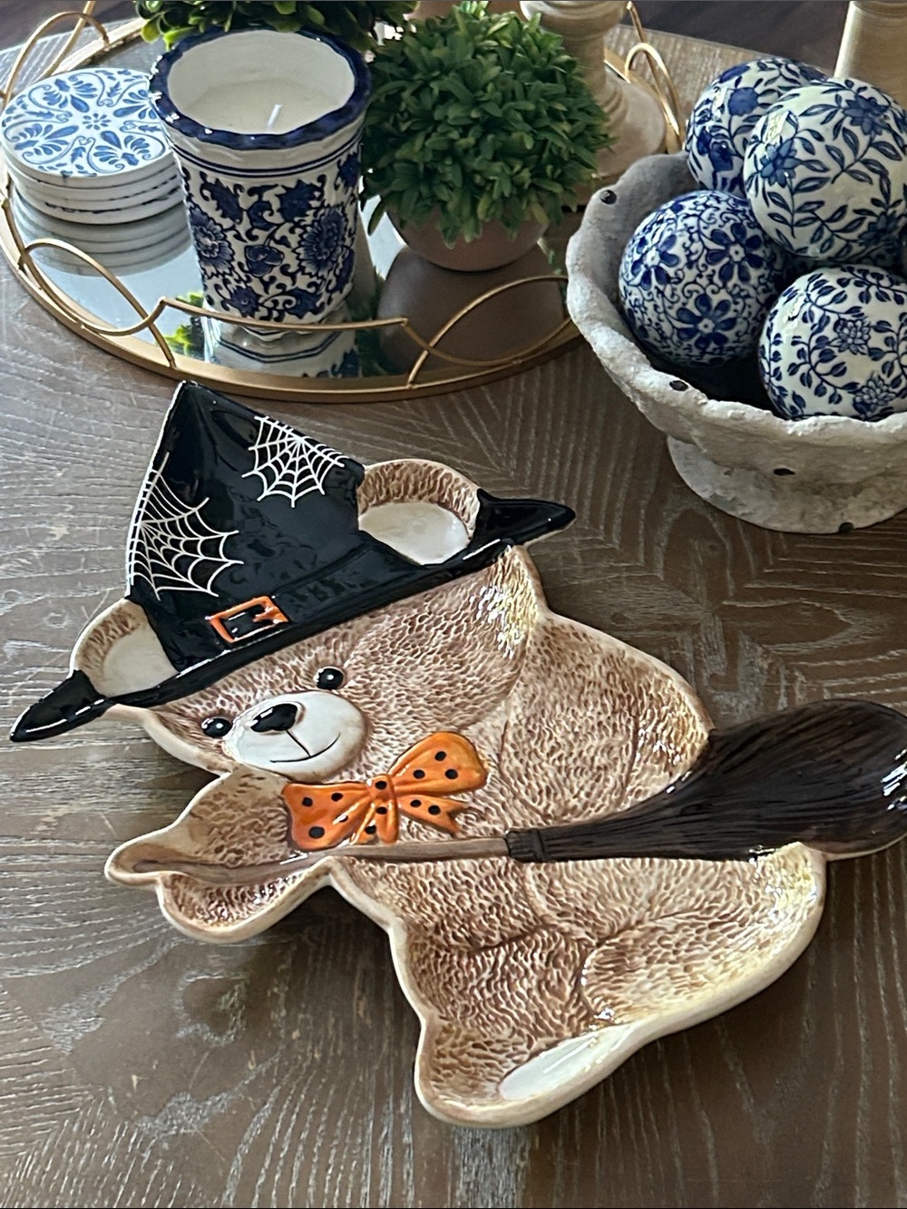 NEW! Vintage Inspired Halloween Witch Teddy Bear Ceramic Serving Tray Platter